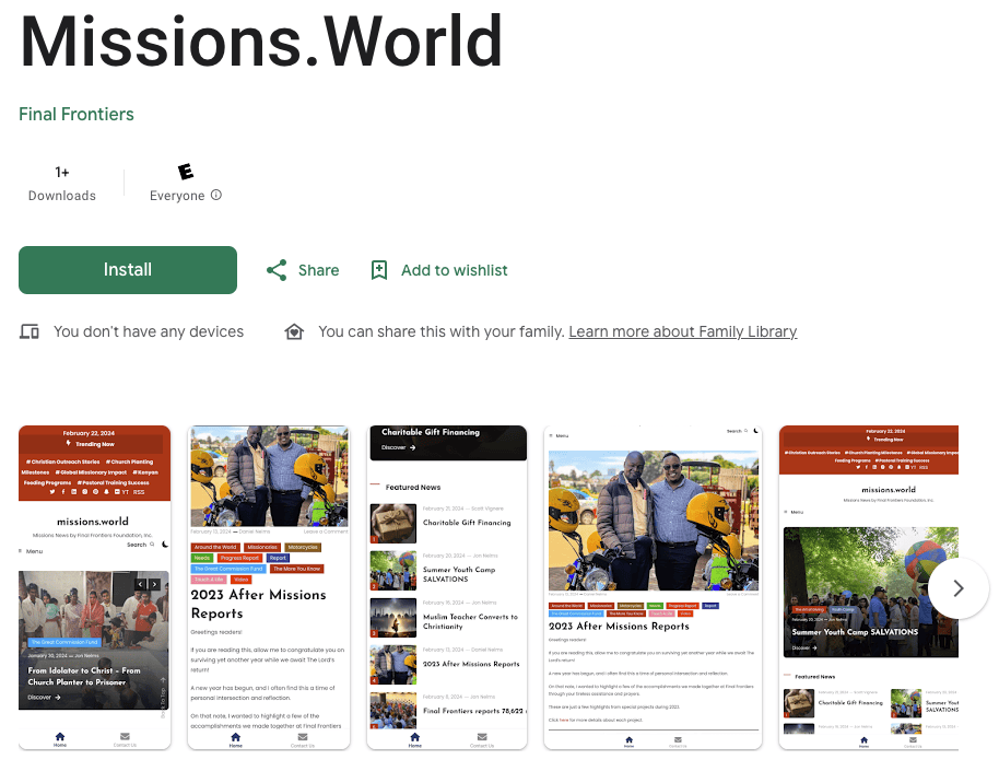 A screenshot of the Missions.World app on the Google Play store, showcasing Final Frontiers' app interface with various articles and updates on mission activities.