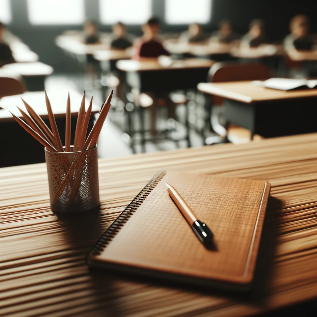  A single wooden school desk bathed in soft light, featuring a notebook and a pen on its surface, with a pencil holder filled with pencils. The focused details of the desk's texture contrast with the blurry classroom setting in the background.