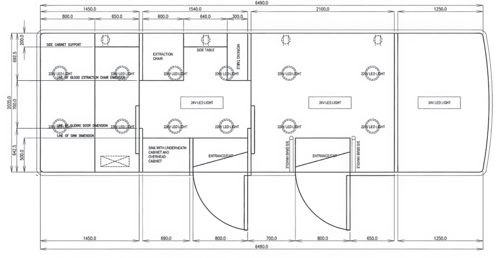  A detailed floor plan layout of the medical mission vehicle showing designated areas for an extraction chair, examination bed, sinks, side cabinets, and LED lighting, designed for efficient medical care delivery.