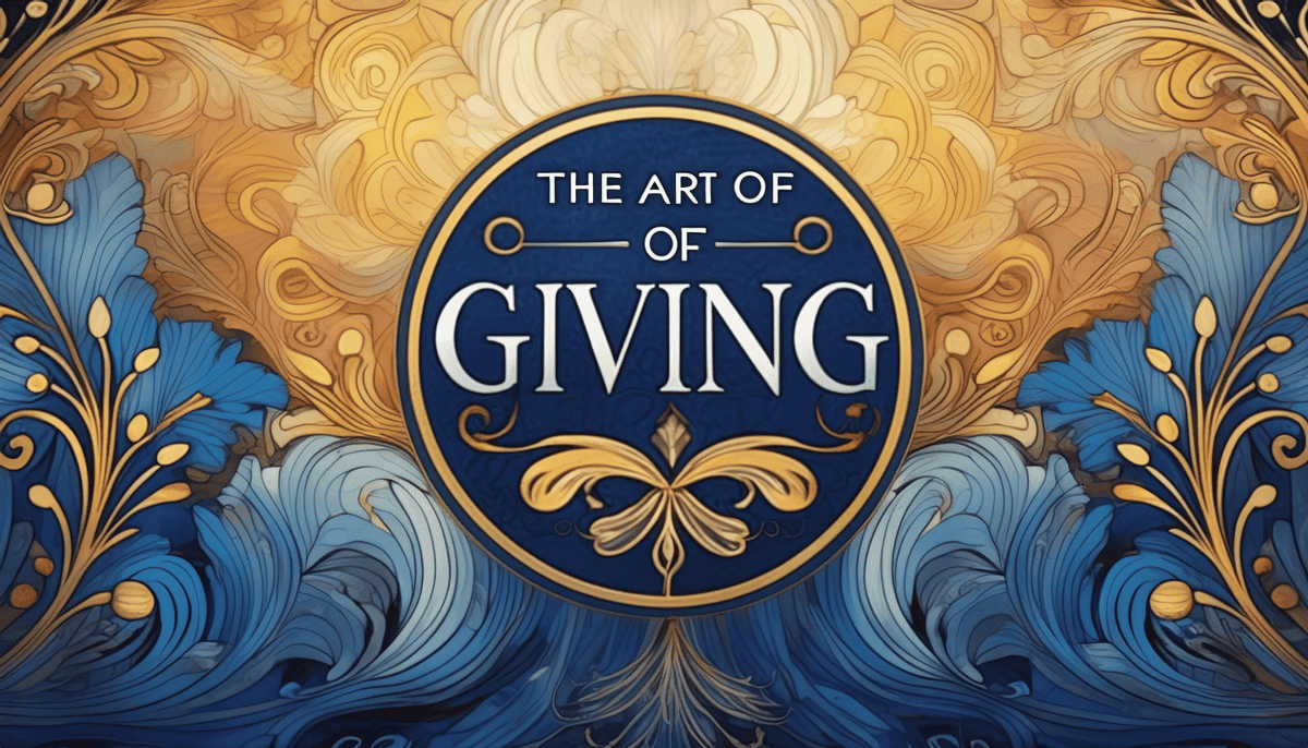 Elegant cover image featuring the title 'The Art of Giving' in a central blue circle with ornate gold and blue floral patterns surrounding it. The background is a gradient of warm golden and cool blue tones, creating a sophisticated and artistic look.