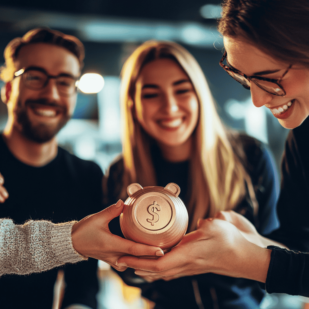 Work colleagues are holding a piggybank together