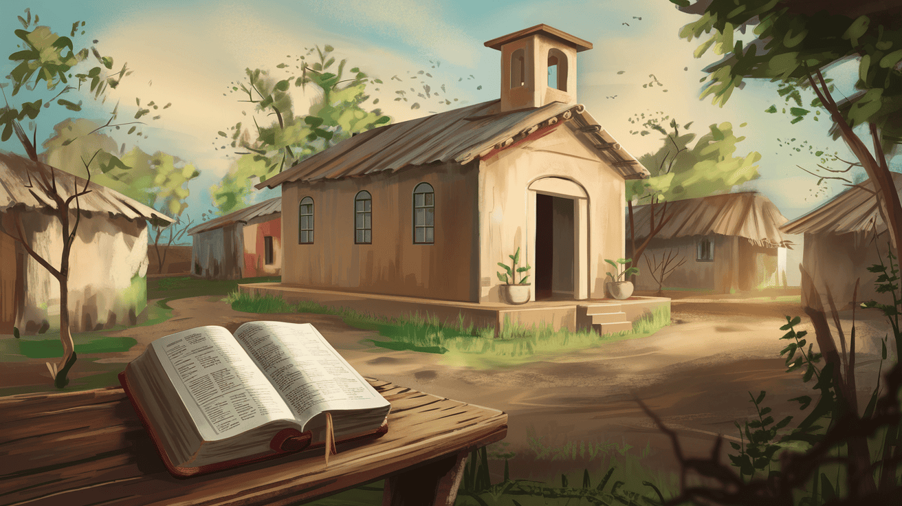 A peaceful rural village with a small church at its center, surrounded by modest houses and greenery. An open Bible rests on a wooden table in the foreground, symbolizing faith and devotion.