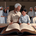 An illustration of An elderly man and a young boy sit together, smiling warmly as they read a large open Bible in a cozy room. In the background, a family is seated, watching with gentle smiles, symbolizing unity and faith. The room is softly lit, with traditional decor and a peaceful atmosphere.