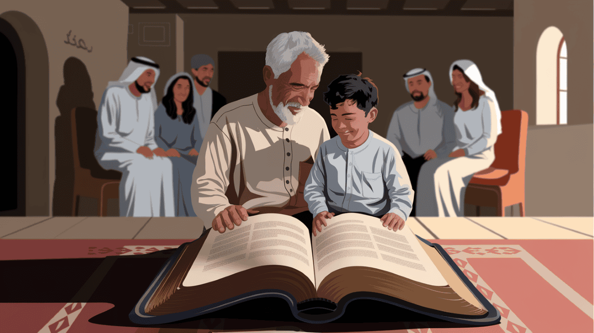 An illustration of An elderly man and a young boy sit together, smiling warmly as they read a large open Bible in a cozy room. In the background, a family is seated, watching with gentle smiles, symbolizing unity and faith. The room is softly lit, with traditional decor and a peaceful atmosphere.