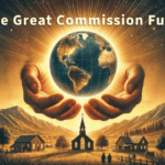 A glowing globe held by gentle hands above a peaceful countryside with a church and mountains, titled "The Great Commission Fund."