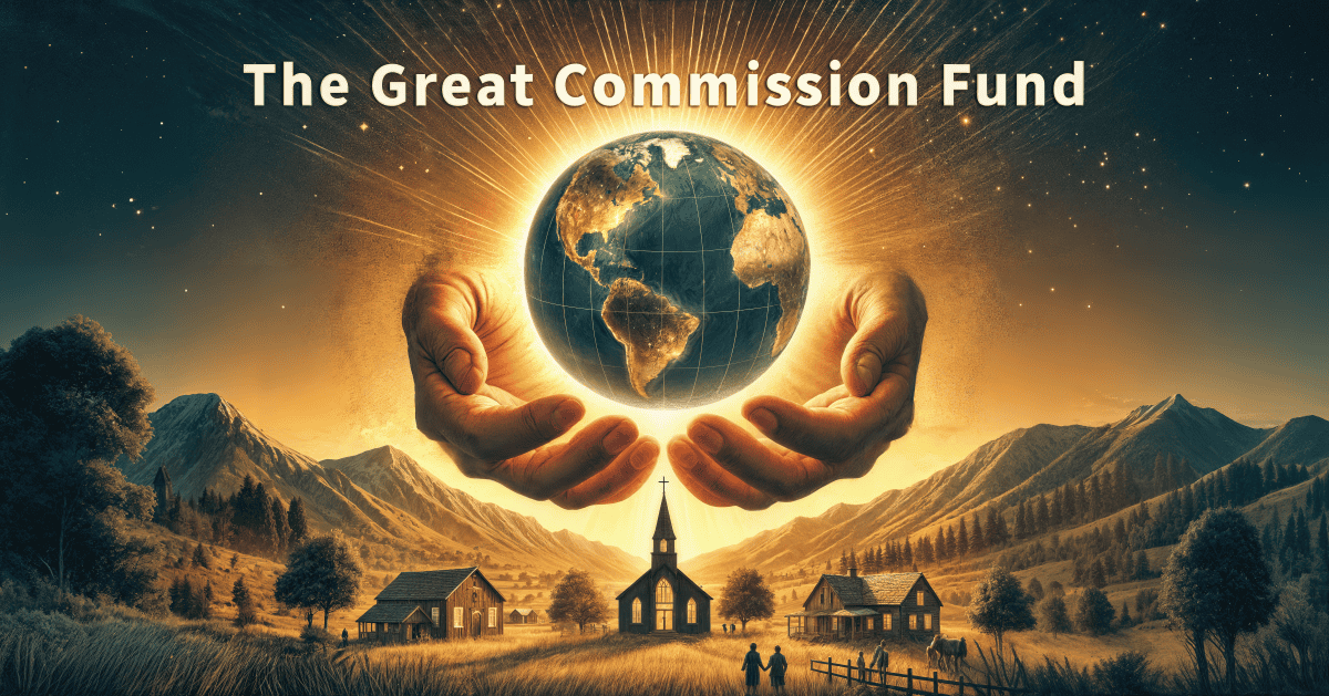 A glowing globe held by gentle hands above a peaceful countryside with a church and mountains, titled "The Great Commission Fund."